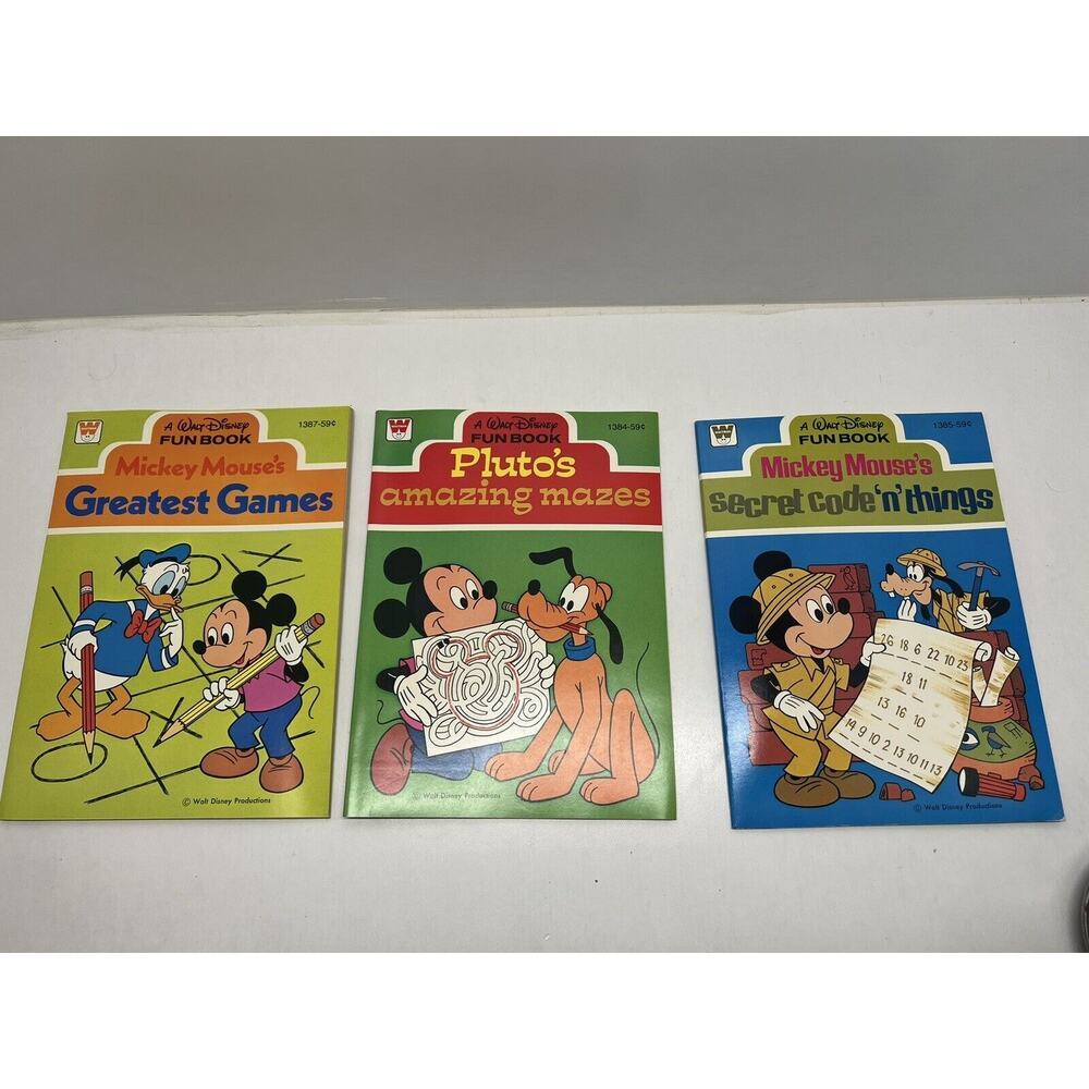 Vintage Whitman Walt Disney Fun Book: Set of 3 Mickey Mouse x2 , Pluto, NEW 1977
